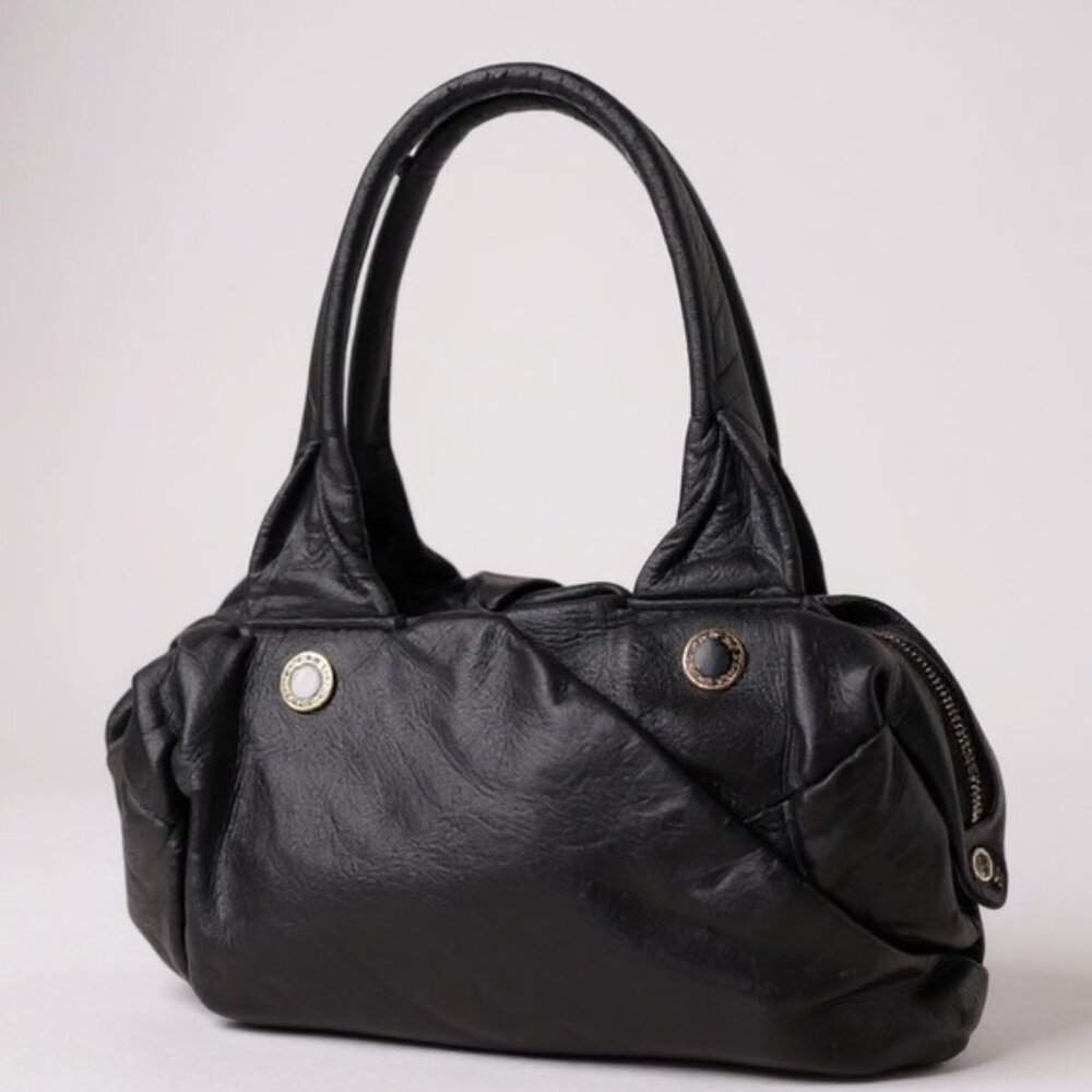 Marc Jacobs Pebble Leather Satchel Bag Shoulder Zipper Logo Hobo Tote Black Gold